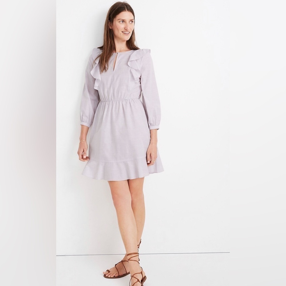 Madewell Ruffle-Shoulder Cotton Mini Dress Lavender